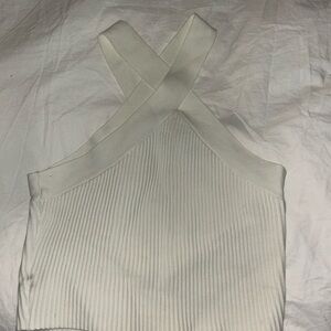 Elegant White Ribbed Cross-Back Crop Top